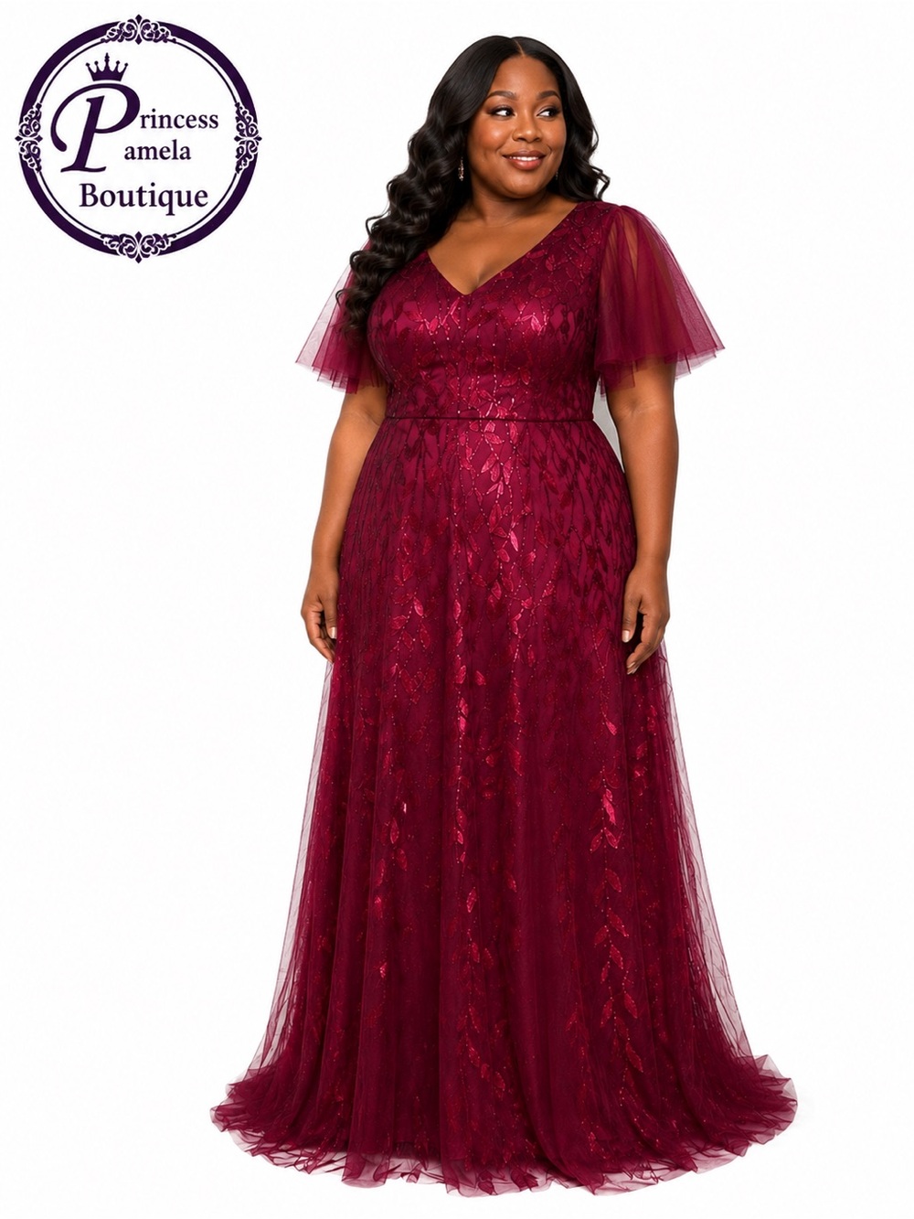 #32-4 Burgundy leaf-shaped sequin embroidery A line gown-1X/Size 16